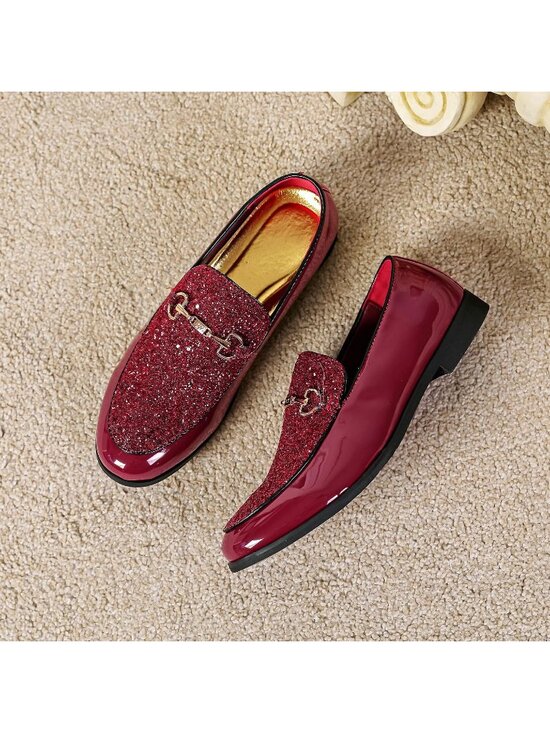 Men\'s Red Rubber Sole Leather Sparkly Sequins Loafers Gold Buckle Party Shoes main image 7